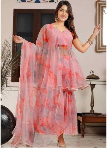 Pink Readymade Tie-Dye Printed Flared Style Gharara Suit  In Chiffon