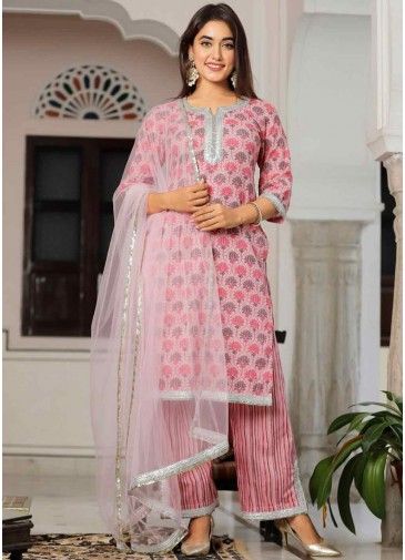 Pink Readymade Digital Printed Pant Suit In Cotton