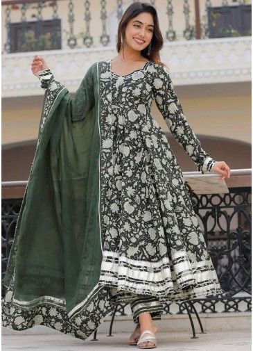 Dark Green Readymade Printed Anarkali Suit In Cotton