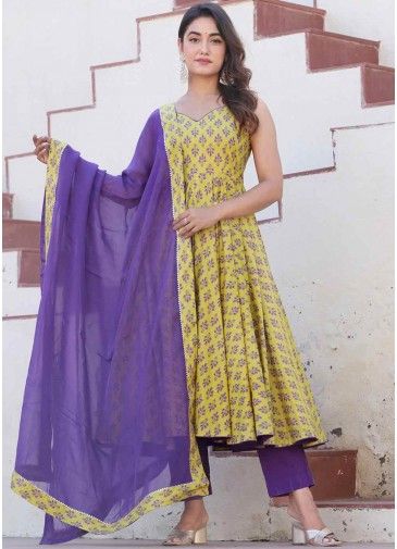 Yellow Readymade Digital Printed Pant Suit In Cotton