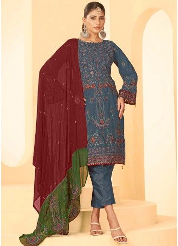 Blue Embroidered Pant Suit Set