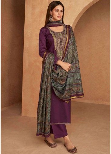 Purple Embroidered Suit Set In Satin