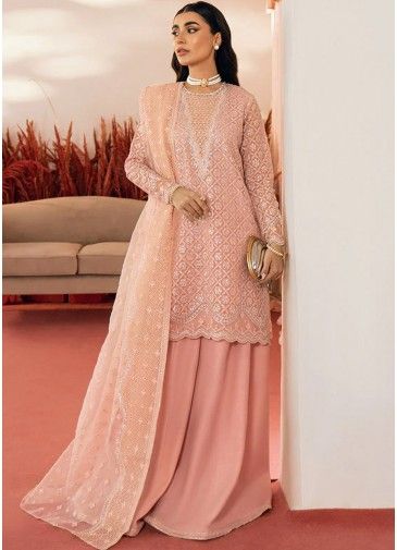 Peach Embroidered Suit Set In Organza