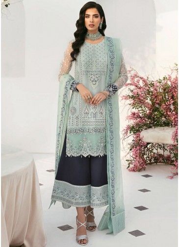 Green Embroidered Suit Set In Organza