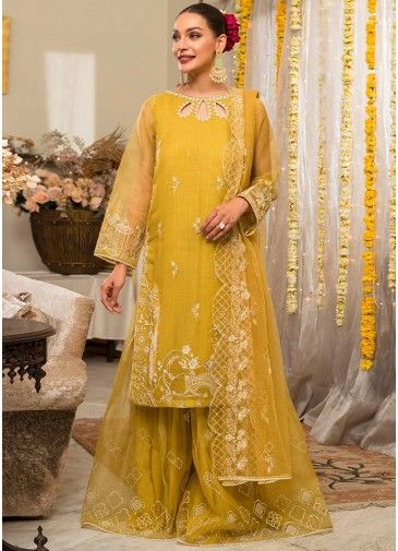Yellow Embroidered Suit Set In Organza
