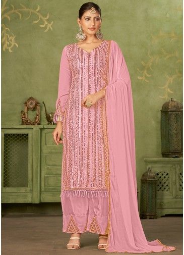 Pink Georgette Pant Suit In Thread Embroidery