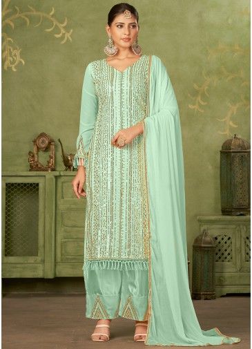 Seafoam Green Thread Embroidered Georgette Pant Suit