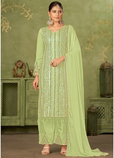 Pastel Green Georgette Embroidered Pant Suit Set