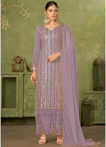 Purple Thread Embroidered Pant Suit In Georgette