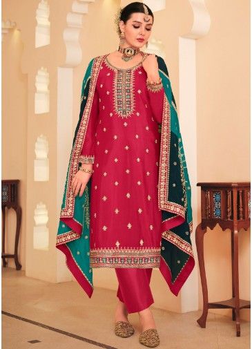 Crimson Red Embroidered Pant Suit In Chiffon 