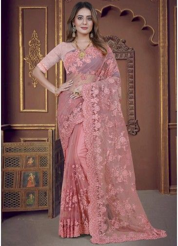 Peach Embroidered Saree In Net