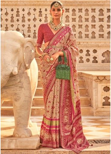 Beige Patola Printed Saree With Blouse