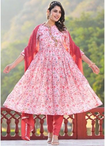 Pink Floral Print Angrakha Style Suit