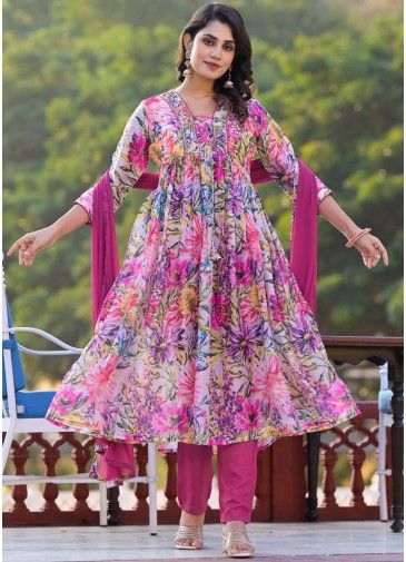 Multicolor Floral Print Anarkali Style Suit