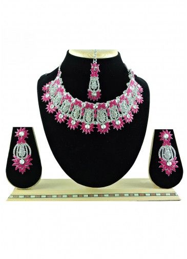 Pink & White Necklace Set In Stone Work