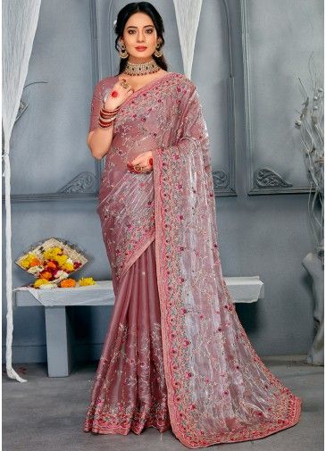 Pink Resham Embroidered Saree In Organza