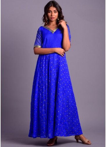 Blue Flared Readymade Bandhej Printed Dress