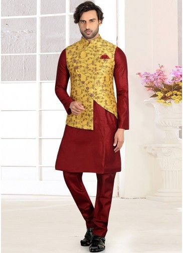 Readymade Yellow Woven Asymmetric Nehru Jacket