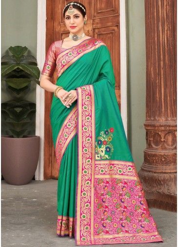 Green Zari Woven Saree In Art Silk