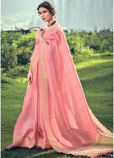 Pink Zari Woven Saree In Tissue Silk