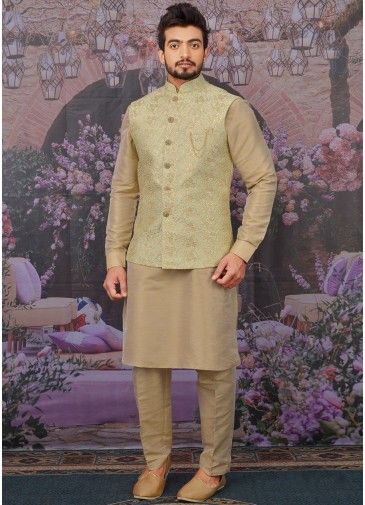 Beige Readymade Kurta Pant With Embroidered Jacket
