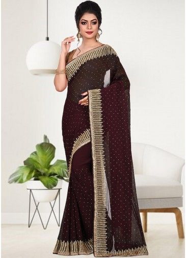 Maroon Embroidered Georgette Saree & Blouse