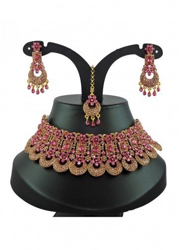Golden & Pink Stone Studded Necklace Set