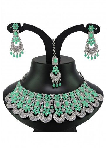 Green & White Stone Studded Necklace Set