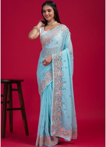 Blue Thread Embroidered Saree & Blouse