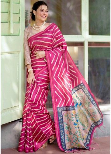 Pink Tussar Silk Saree In Leheria Print