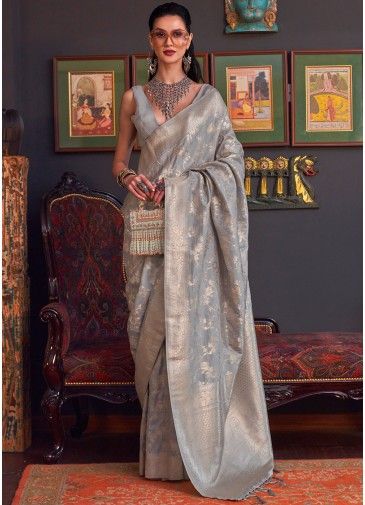Grey Art Silk Saree In Zari Woven Work