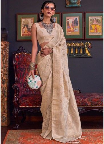 Cream Zari Woven Saree In Art Silk