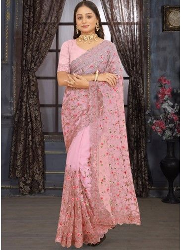 Pink Net Saree With Embroidered Pallu