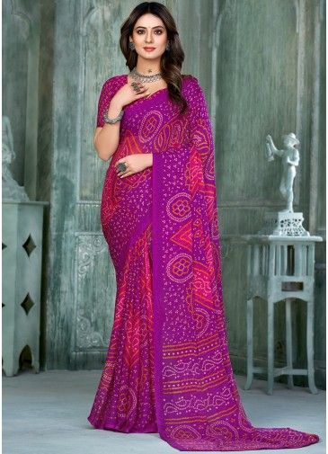 Purple Chiffon Saree In Bandhej Print