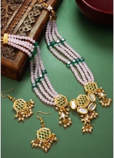 White & Golden Kundan Studded Necklace Set