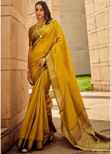 Yellow Silk Saree In Bandhani Print