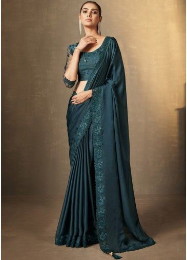 Teal Blue Embroidered Border Saree & Blouse