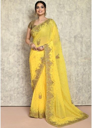 Yellow Georgette Embroidered Border Saree