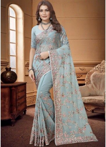 Blue Resham Embroidery Saree In Georgette