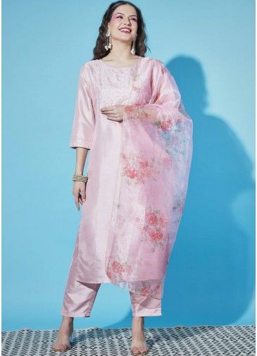 Pastel Pink Readymade Embroidered Pant Suit In Art Silk
