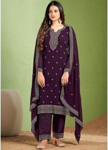 Purple Embroidered Suit Set In Georgette
