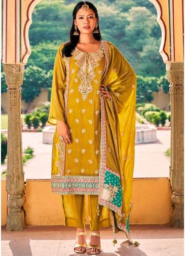 Yellow Embroidered Pant Suit Set In Chiffon