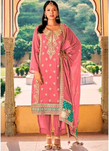 Pink Embroidered Pant Suit Set In Chiffon