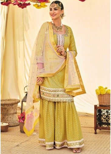 Yellow Embroidered  Gharara Suit In Georgette