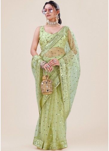 Green Sequins Embellished Saree In Net