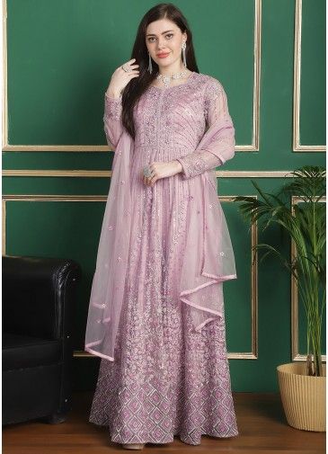 Pink Embroidered Anarkali Style Net Suit