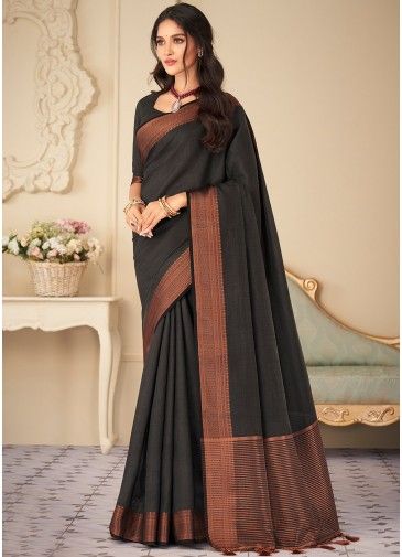 Black Zari Woven Saree In Art Silk
