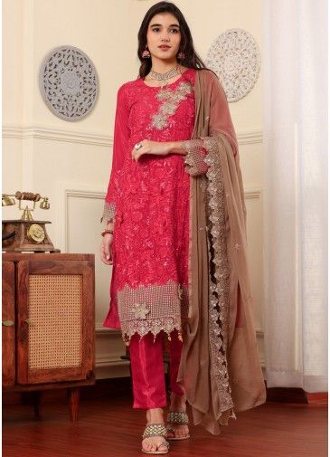 Pink Embroidered Suit Set In Georgette