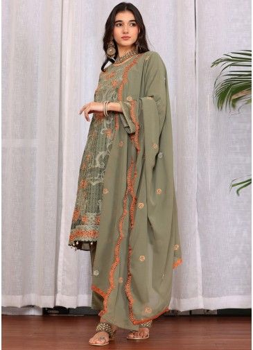 Green Embroidered Suit Set In Georgette