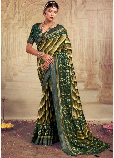 Green Tussar Silk Saree In Woven Print